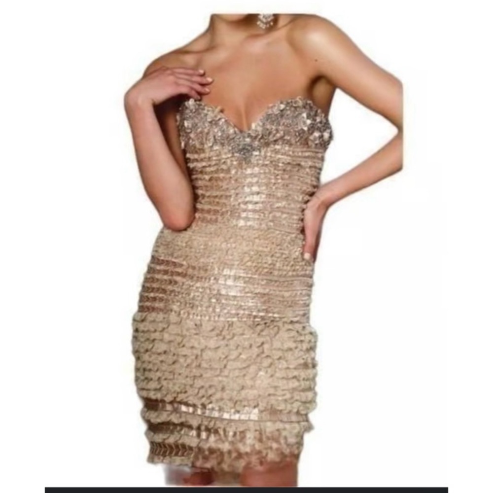 Terani Couture Strapless Gold Beaded Cocktail Dress